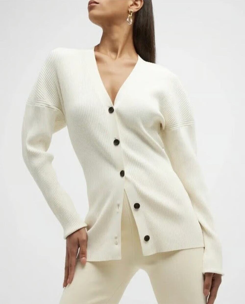Alc A.L.C. Ellen Ribbed Cardigan Cream drop Shoulder Button Front Sz Large L Lg